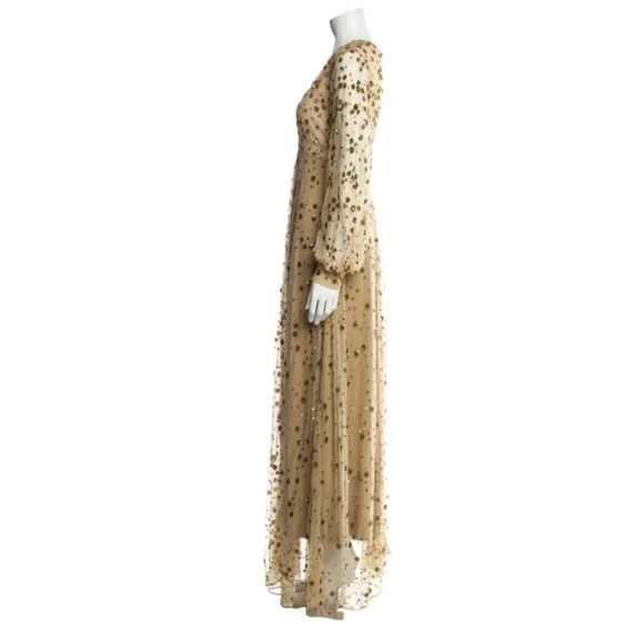 LoveShackFancy Maxi Dress Gown‎ Gold Nude Sequin Sparkle Glitter Tulle Holiday 0